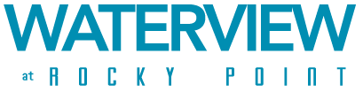 A blue and green sign that says "Waterview at Rocky Point".
